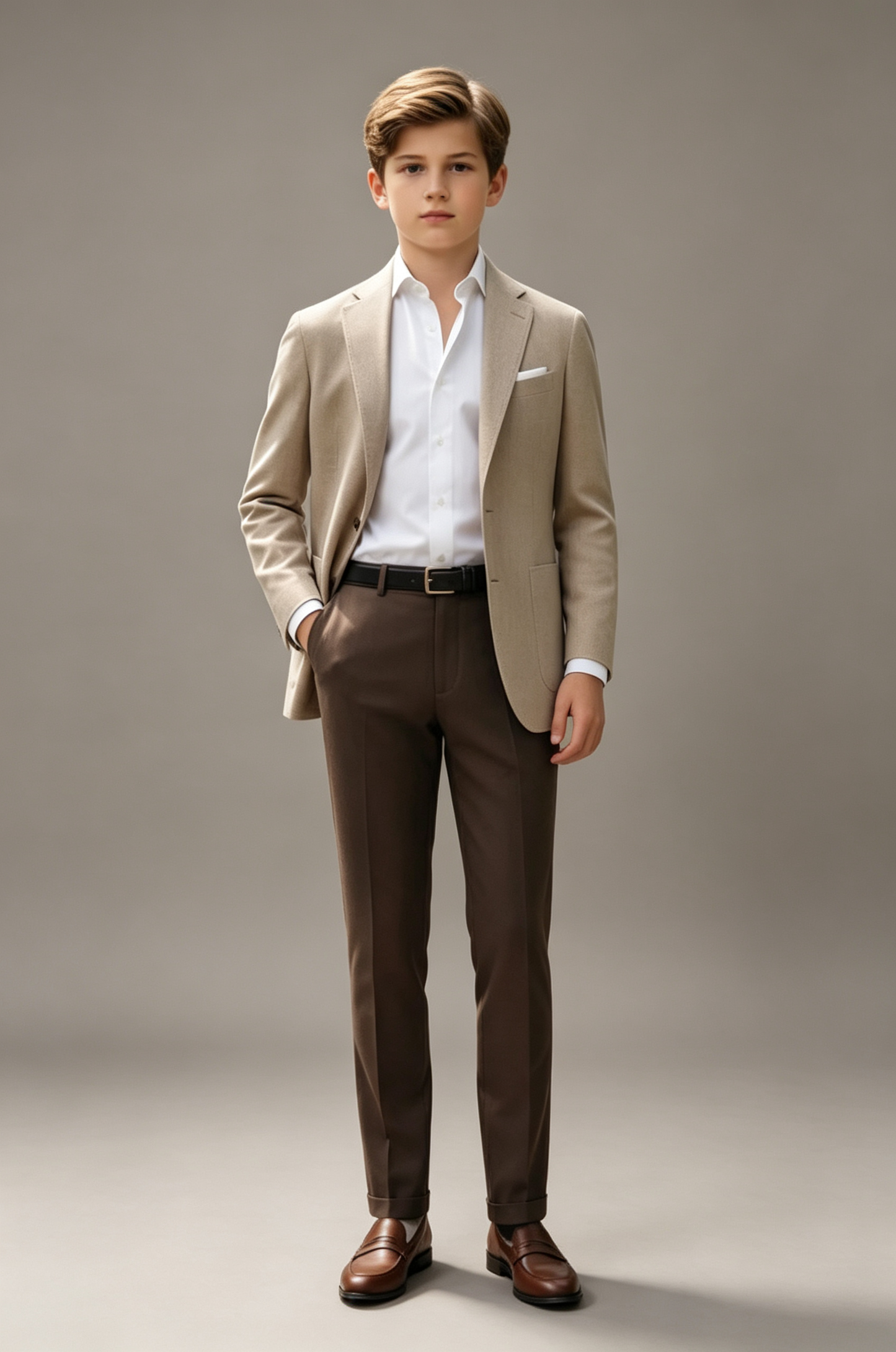Beige & Deep Brown Contrast Single‑Button 2‑Piece Suit