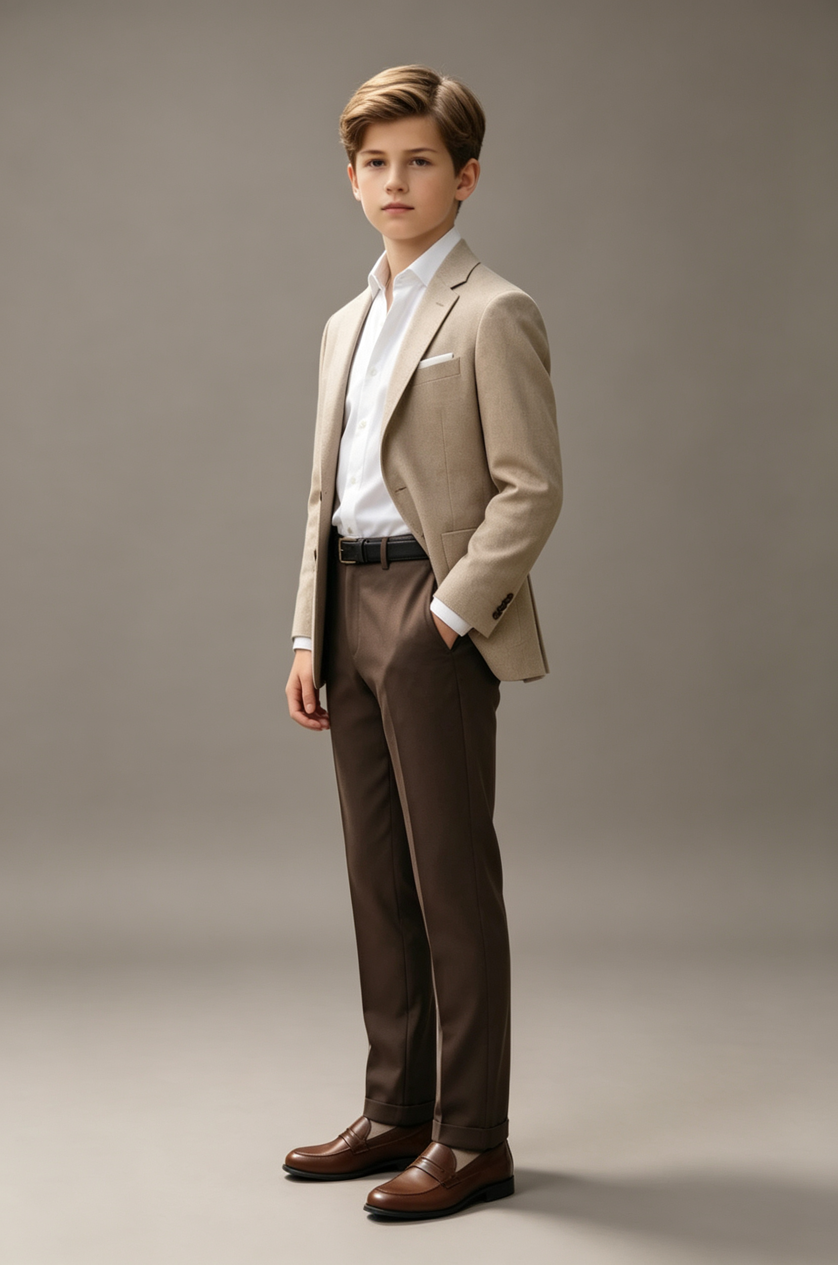 Beige & Deep Brown Contrast Single‑Button 2‑Piece Suit