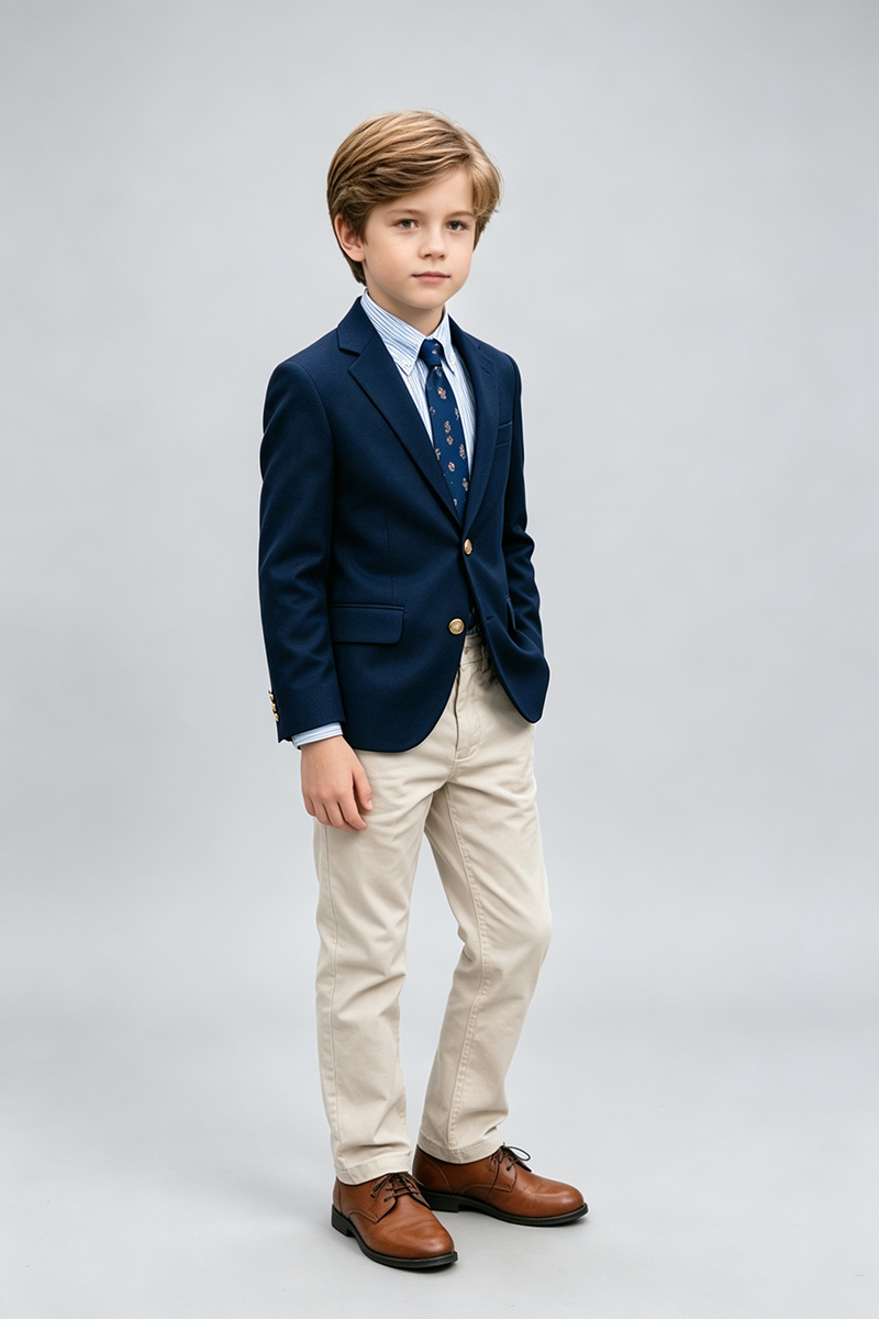 Boys Navy Classic Notch Lapel 2‑Piece Suit for Weddings
