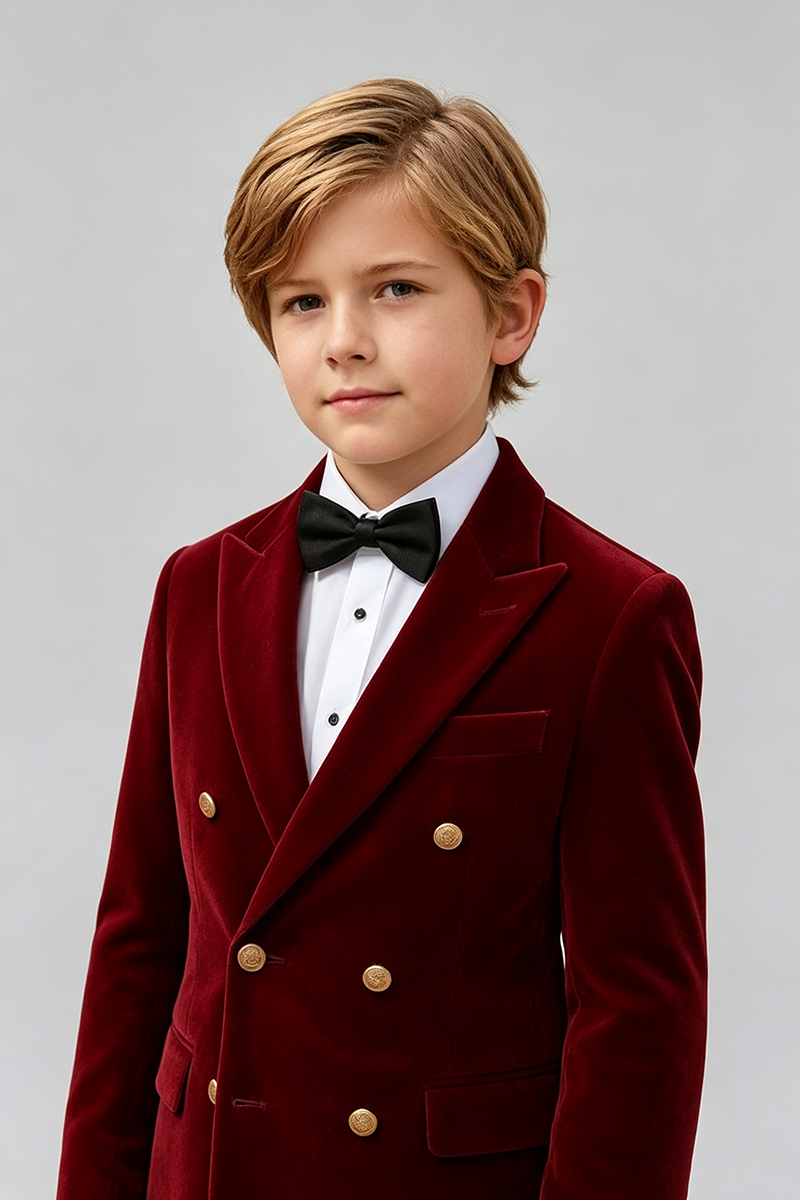 Boys Burgundy Velvet with Peak Lapel 2‑Piece Suit for Weddings