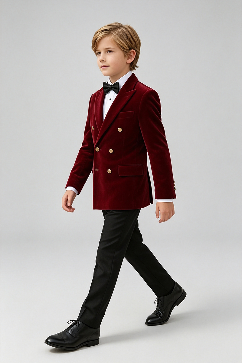 Boys Burgundy Velvet with Peak Lapel 2‑Piece Suit for Weddings