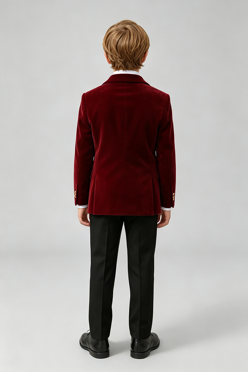 Boys Burgundy Velvet with Peak Lapel 2‑Piece Suit for Weddings