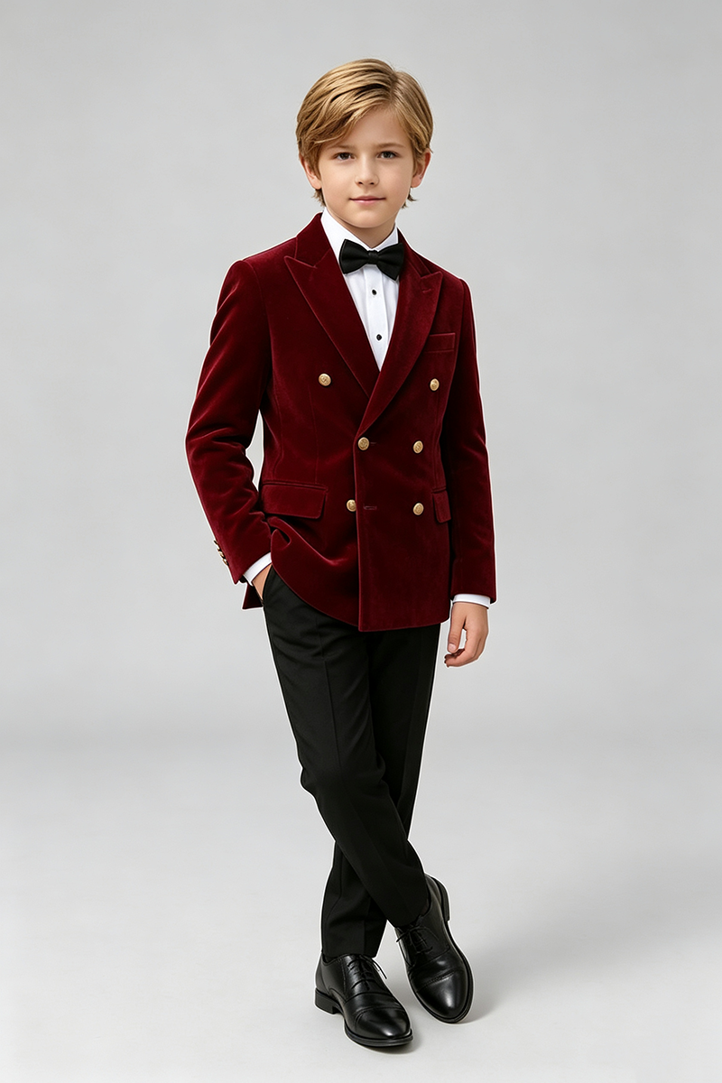 Boys Burgundy Velvet with Peak Lapel 2‑Piece Suit for Weddings