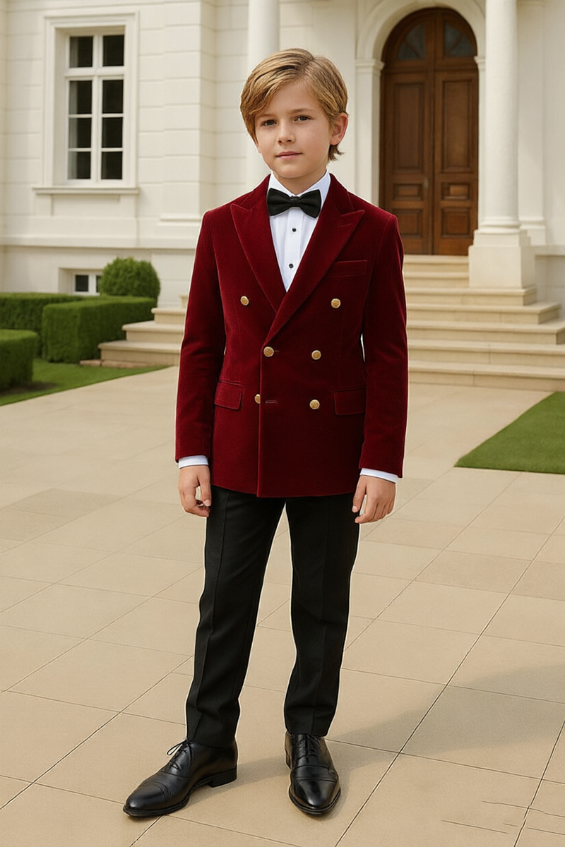 Boys Burgundy Velvet with Peak Lapel 2‑Piece Suit for Weddings