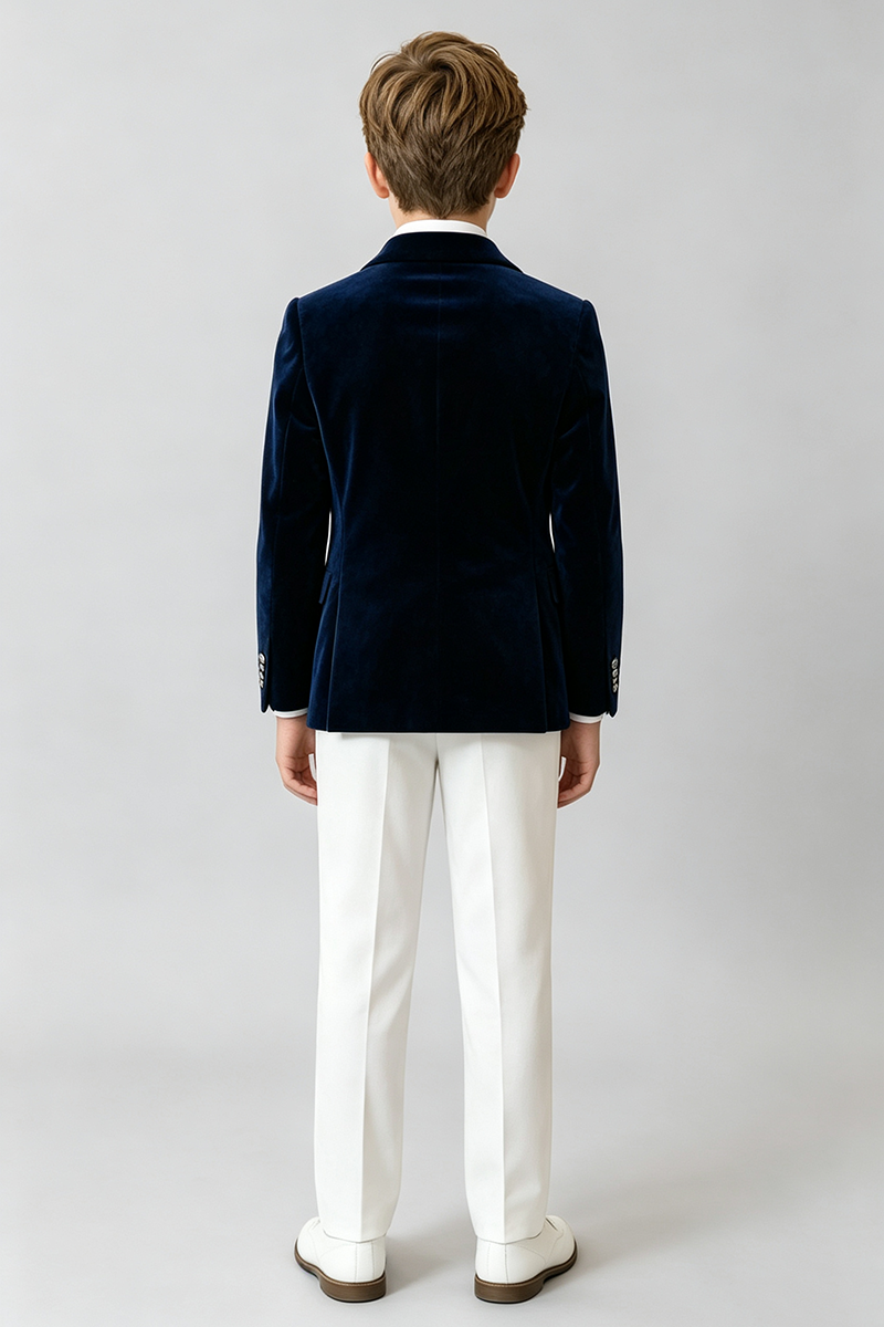 Boys Navy Velvet with Peak Lapel 2‑Piece Suit for Weddings