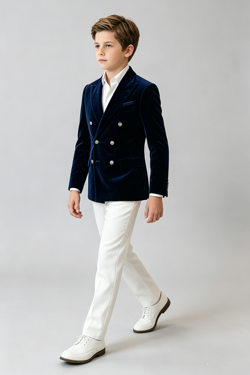 Boys Navy Velvet with Peak Lapel 2‑Piece Suit for Weddings