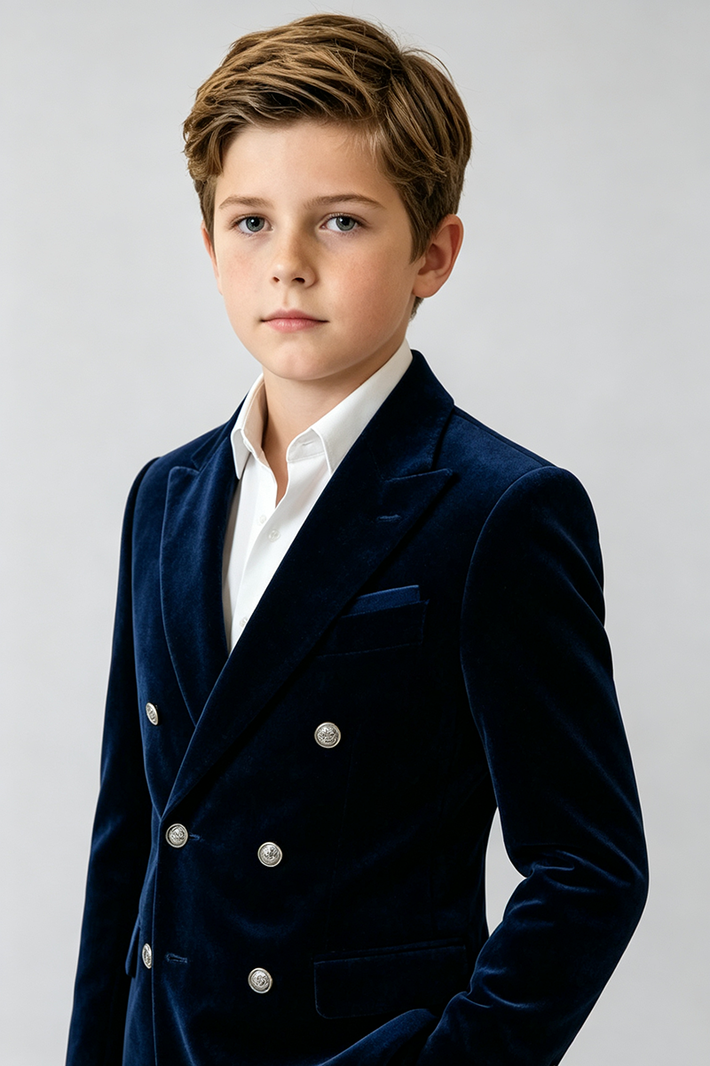 Boys Navy Velvet with Peak Lapel 2‑Piece Suit for Weddings