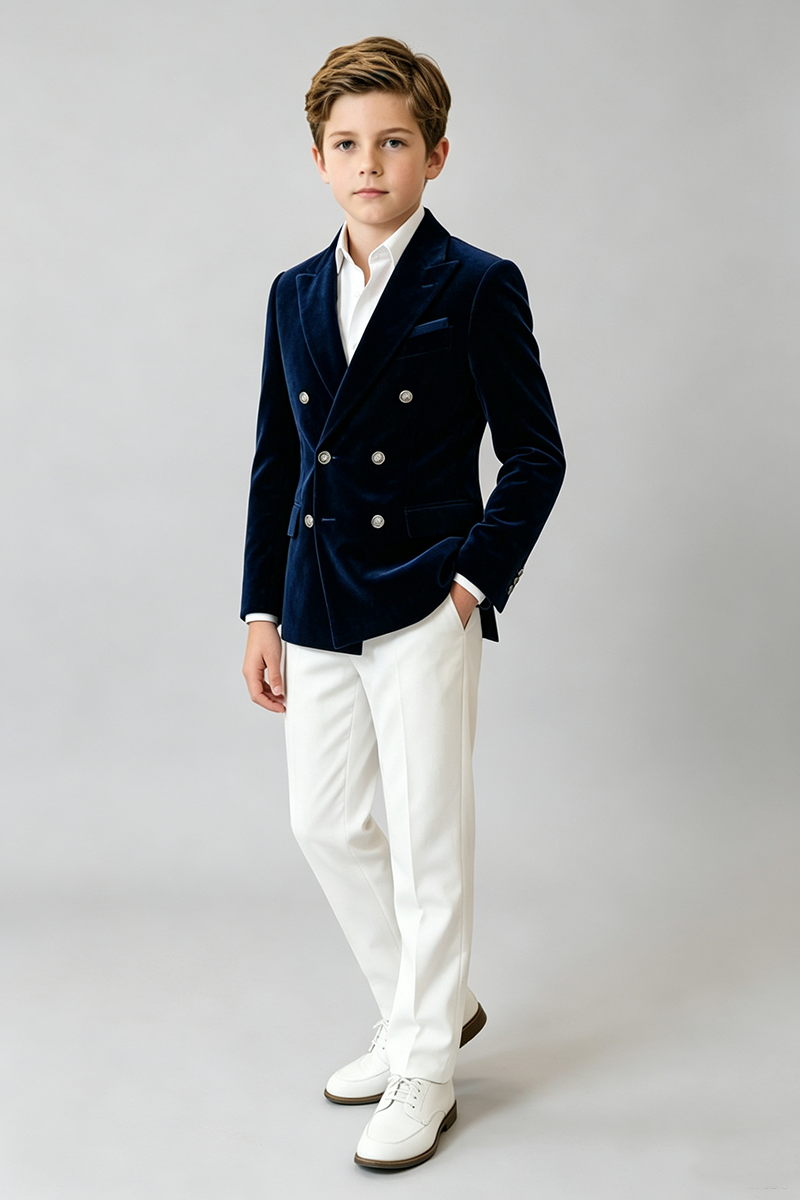 Boys Navy Velvet with Peak Lapel 2‑Piece Suit for Weddings