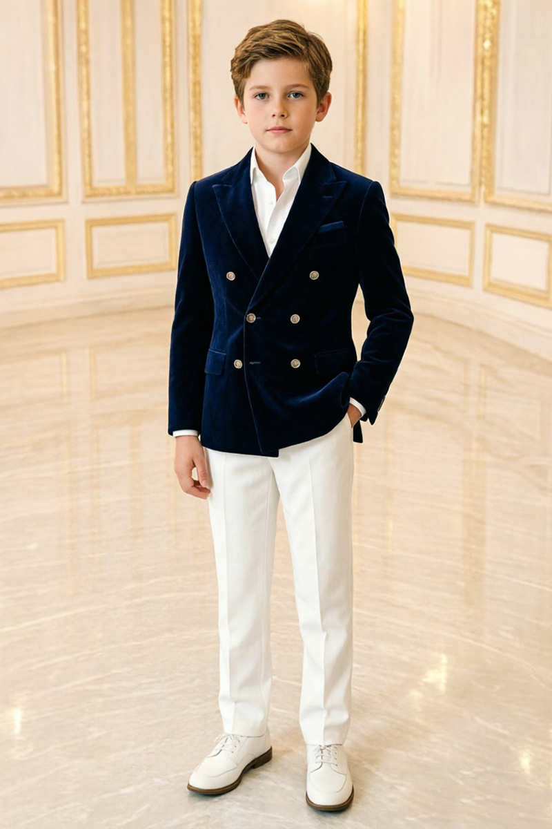 Boys Navy Velvet with Peak Lapel 2‑Piece Suit for Weddings