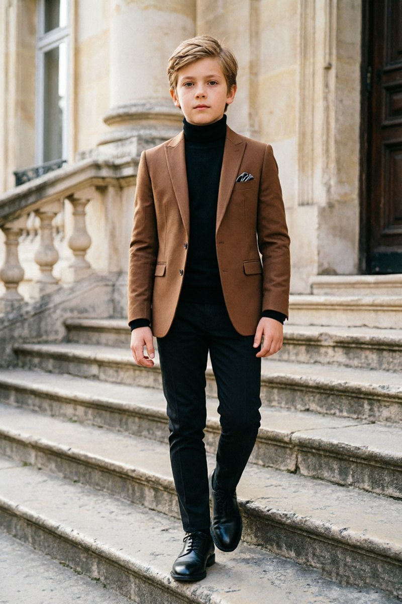 Boys Brown with Classic Notch Lapel 2‑Piece Suit for Weddings