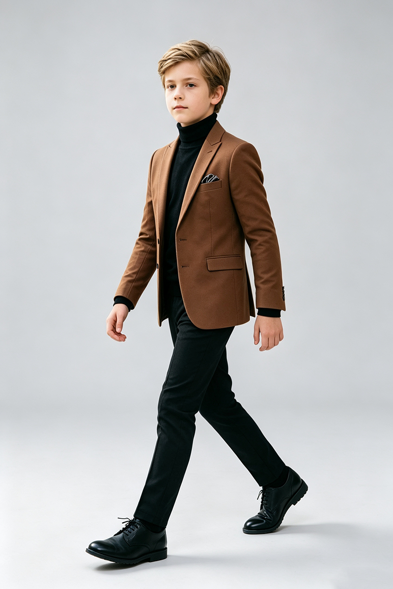Boys Brown with Classic Notch Lapel 2‑Piece Suit for Weddings