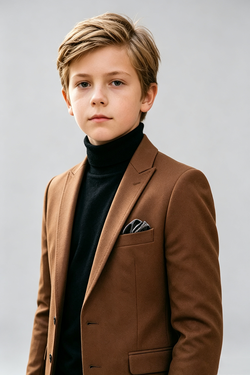 Boys Brown with Classic Notch Lapel 2‑Piece Suit for Weddings