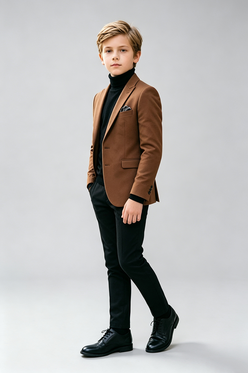 Boys Brown with Classic Notch Lapel 2‑Piece Suit for Weddings