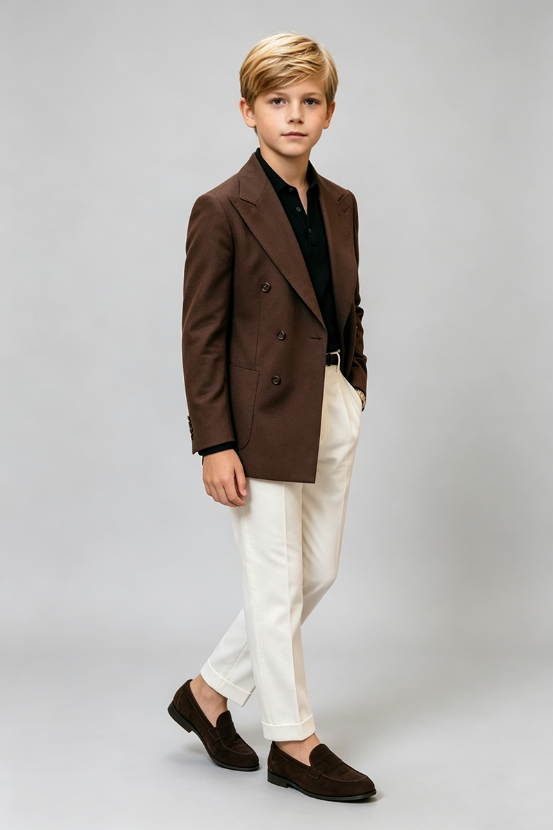 Boys Brown Double‑Breasted 2‑Piece Suit for Weddings with Peak Lapel