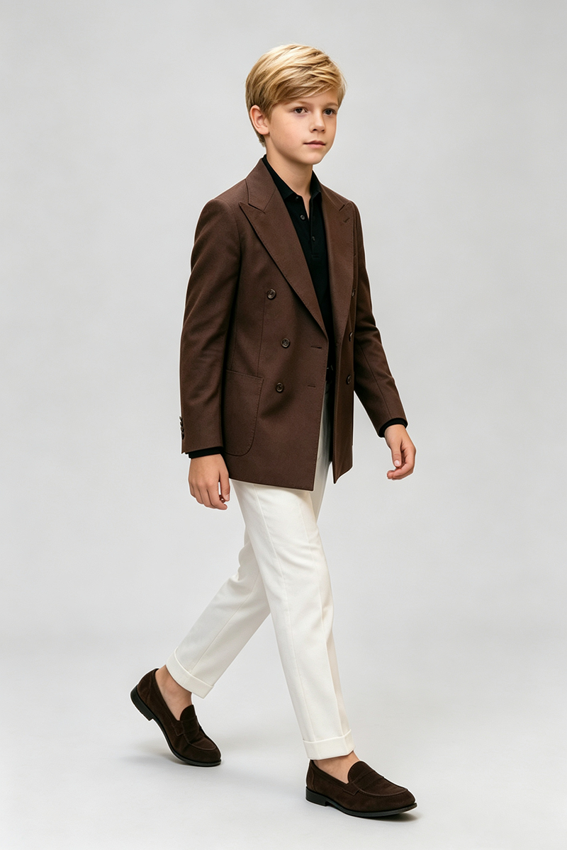 Boys Brown Double‑Breasted 2‑Piece Suit for Weddings with Peak Lapel