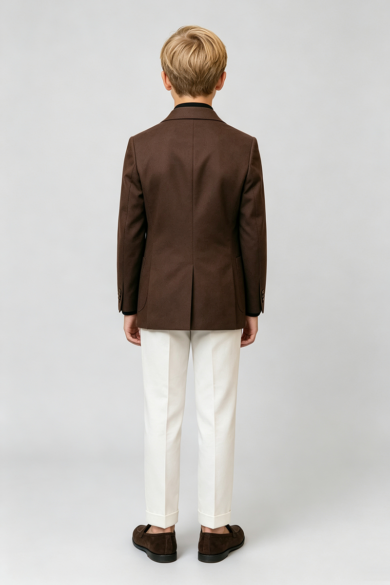 Boys Brown Double‑Breasted 2‑Piece Suit for Weddings with Peak Lapel