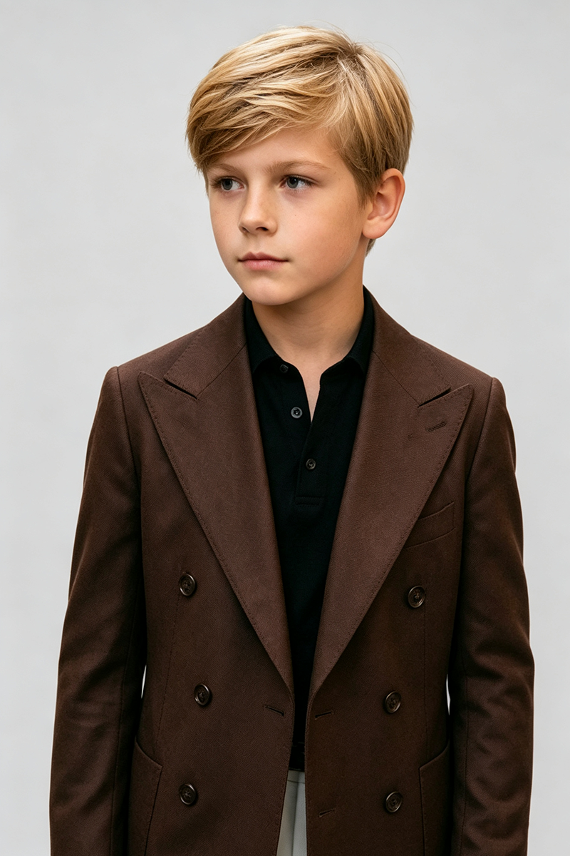 Boys Brown Double‑Breasted 2‑Piece Suit for Weddings with Peak Lapel