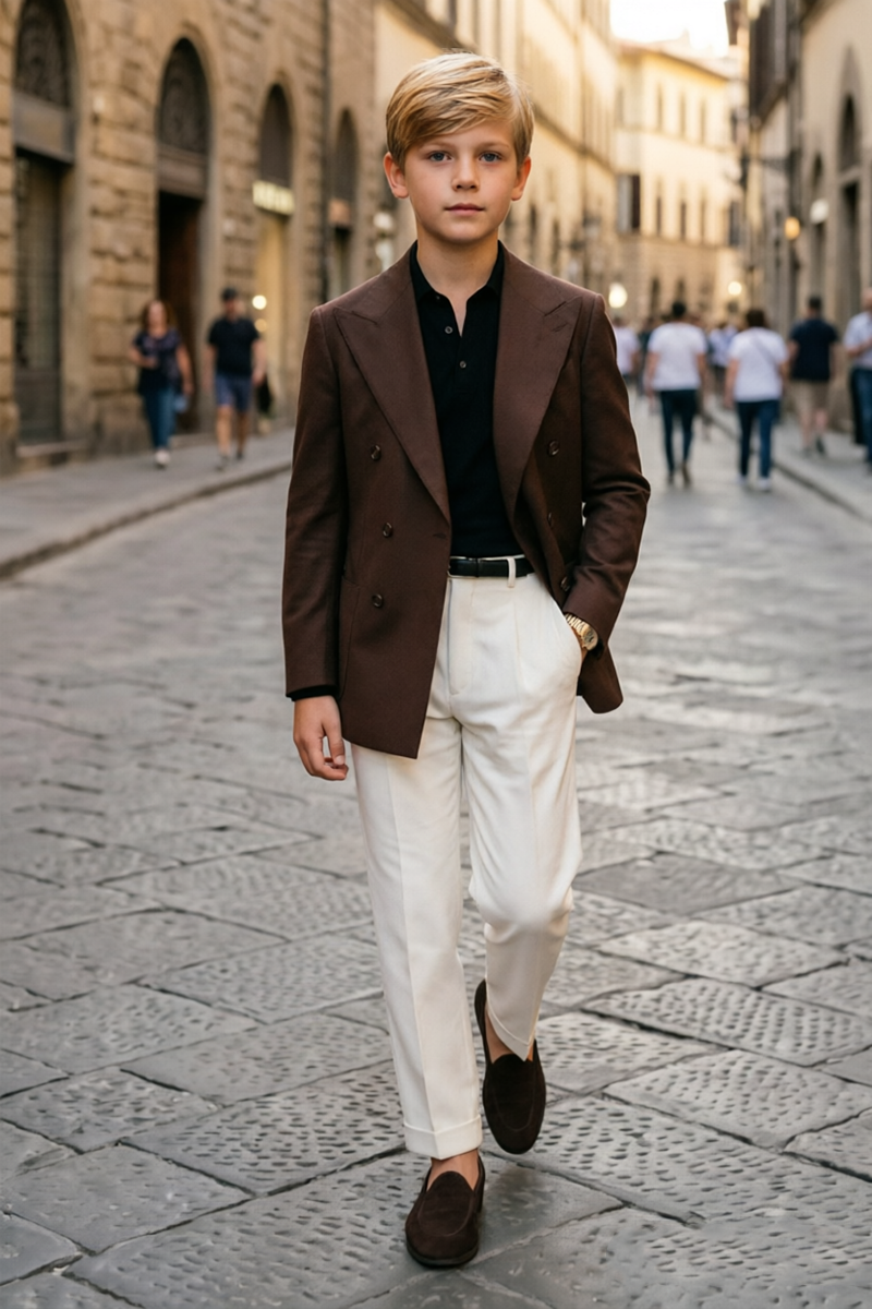 Boys Brown Double‑Breasted 2‑Piece Suit for Weddings with Peak Lapel