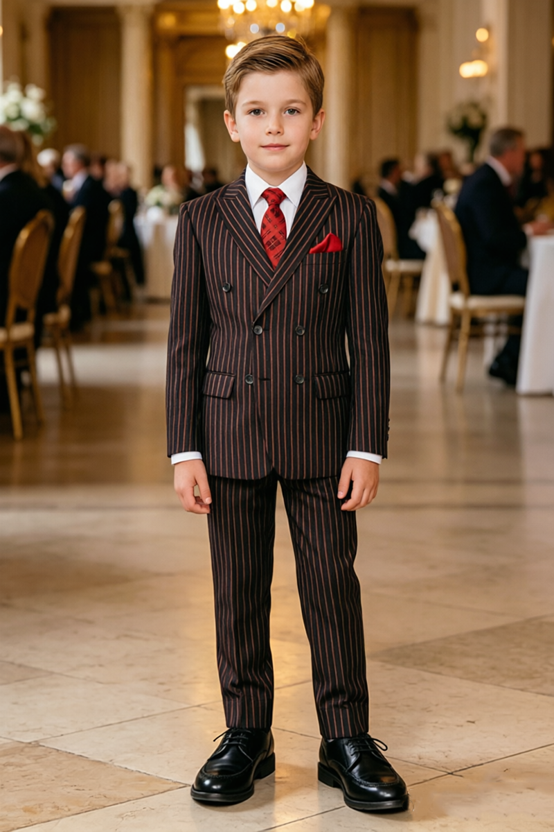 Boys Striped Double‑Breasted 2‑Piece Suit for Weddings with Peak Lapel