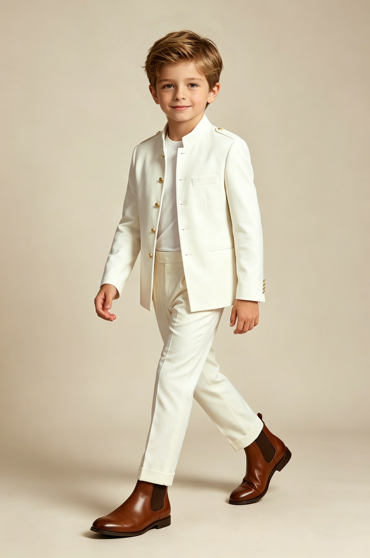 Cream White Mandarin Collar Gold Single‑Breasted 2‑Piece Suit