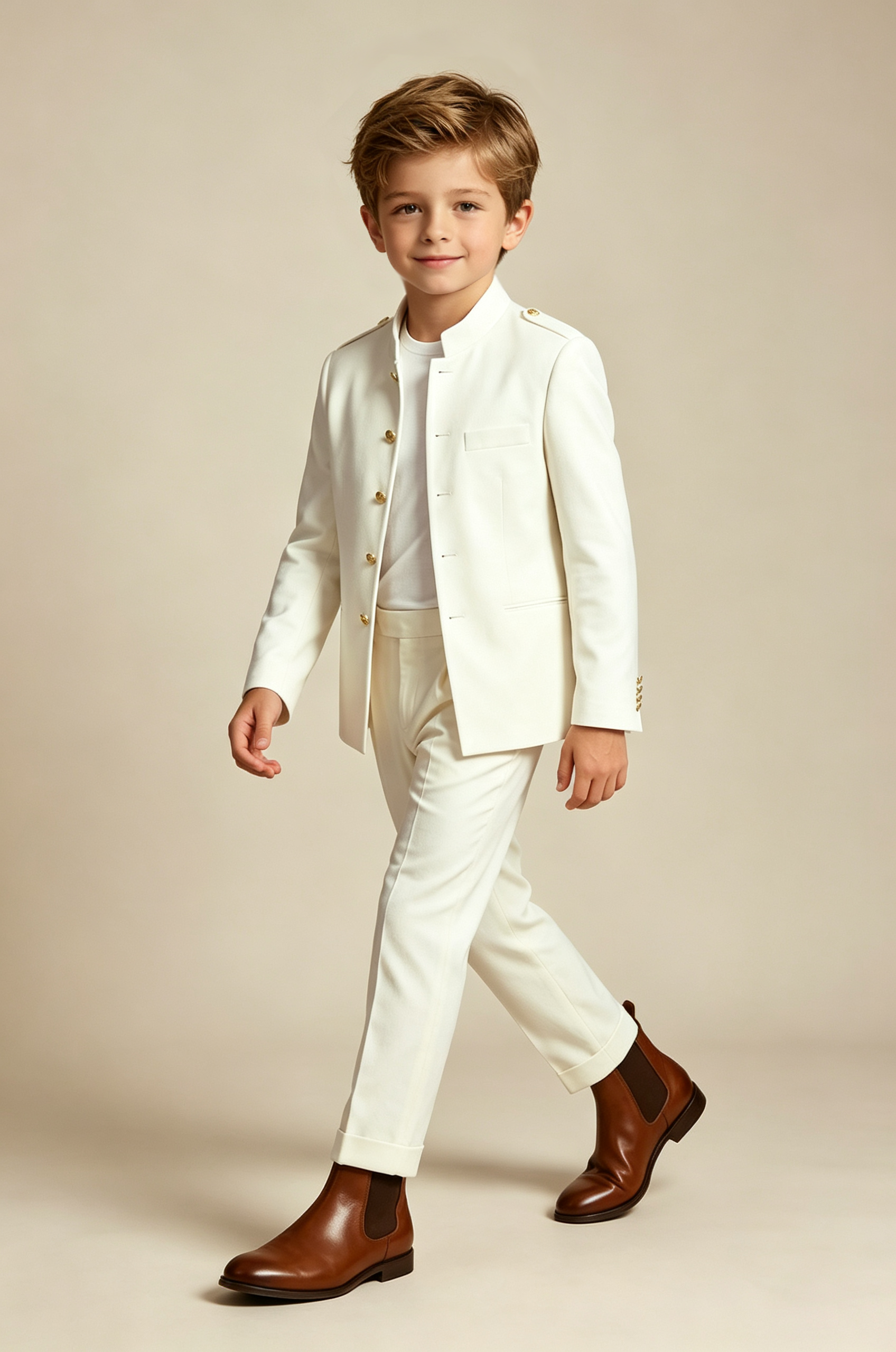 Cream White Mandarin Collar Gold Single‑Breasted 2‑Piece Suit