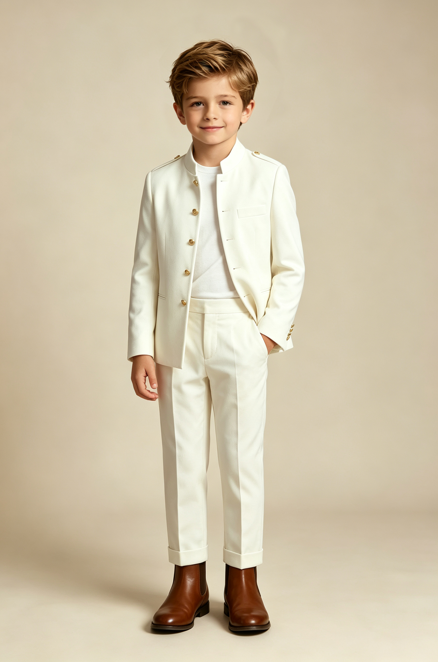 Cream White Mandarin Collar Gold Single‑Breasted 2‑Piece Suit