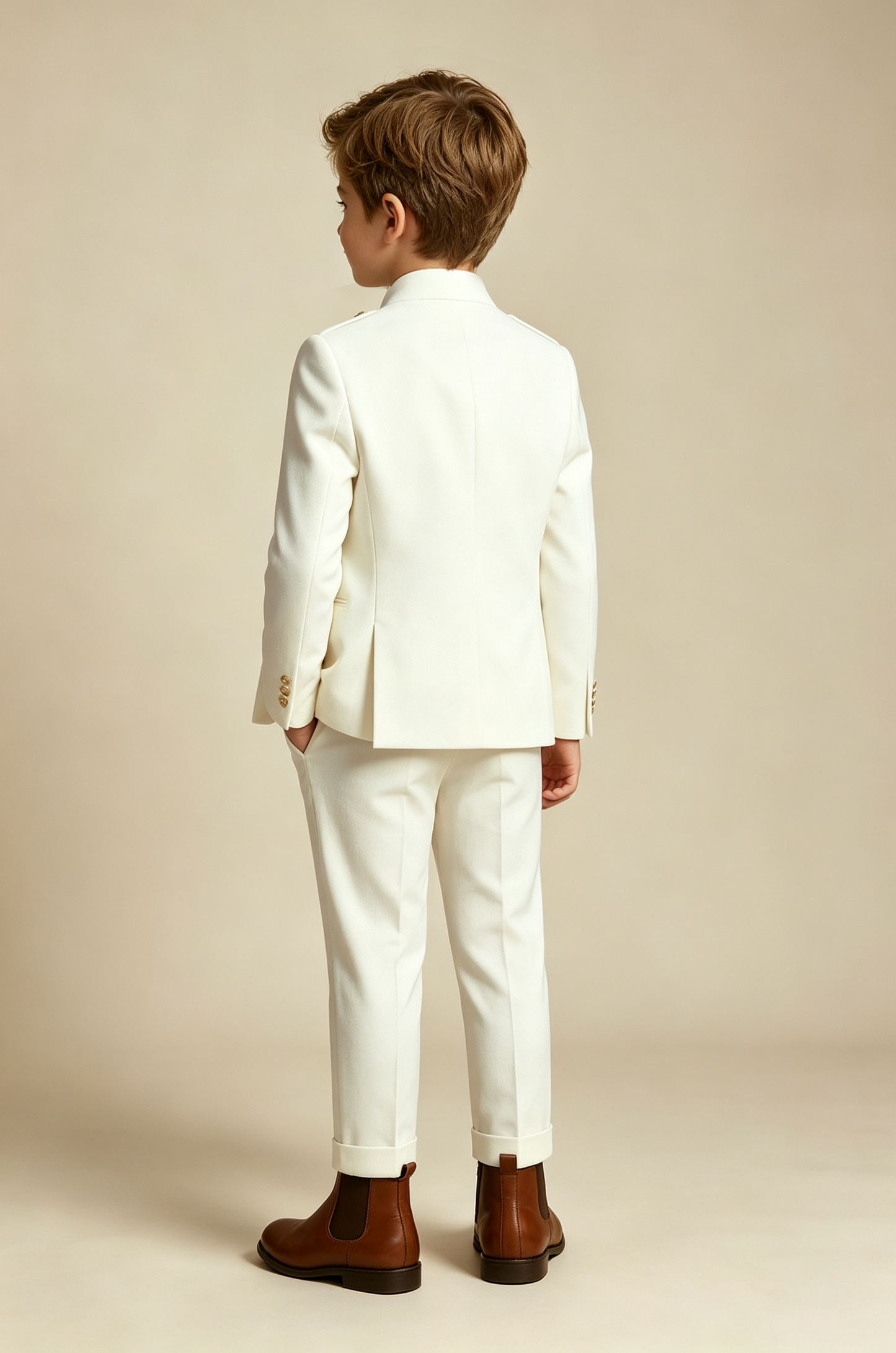 Cream White Mandarin Collar Gold Single‑Breasted 2‑Piece Suit