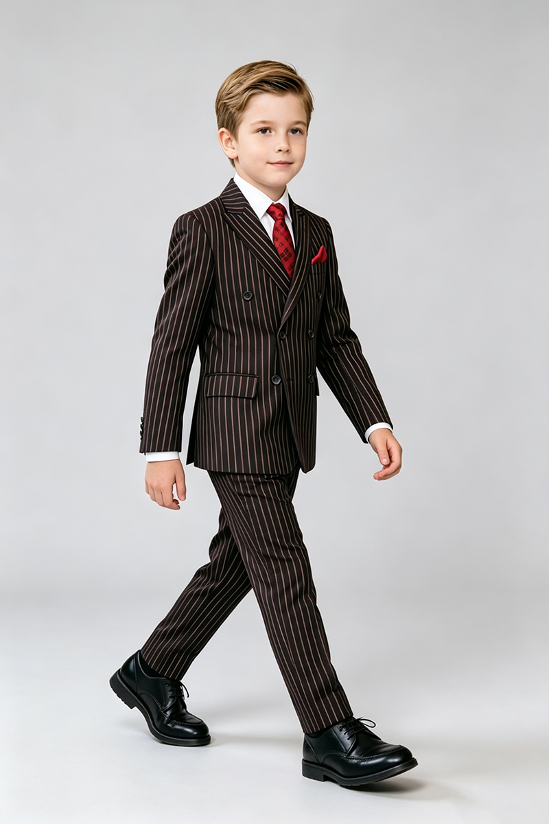 Boys Striped Double‑Breasted 2‑Piece Suit for Weddings with Peak Lapel