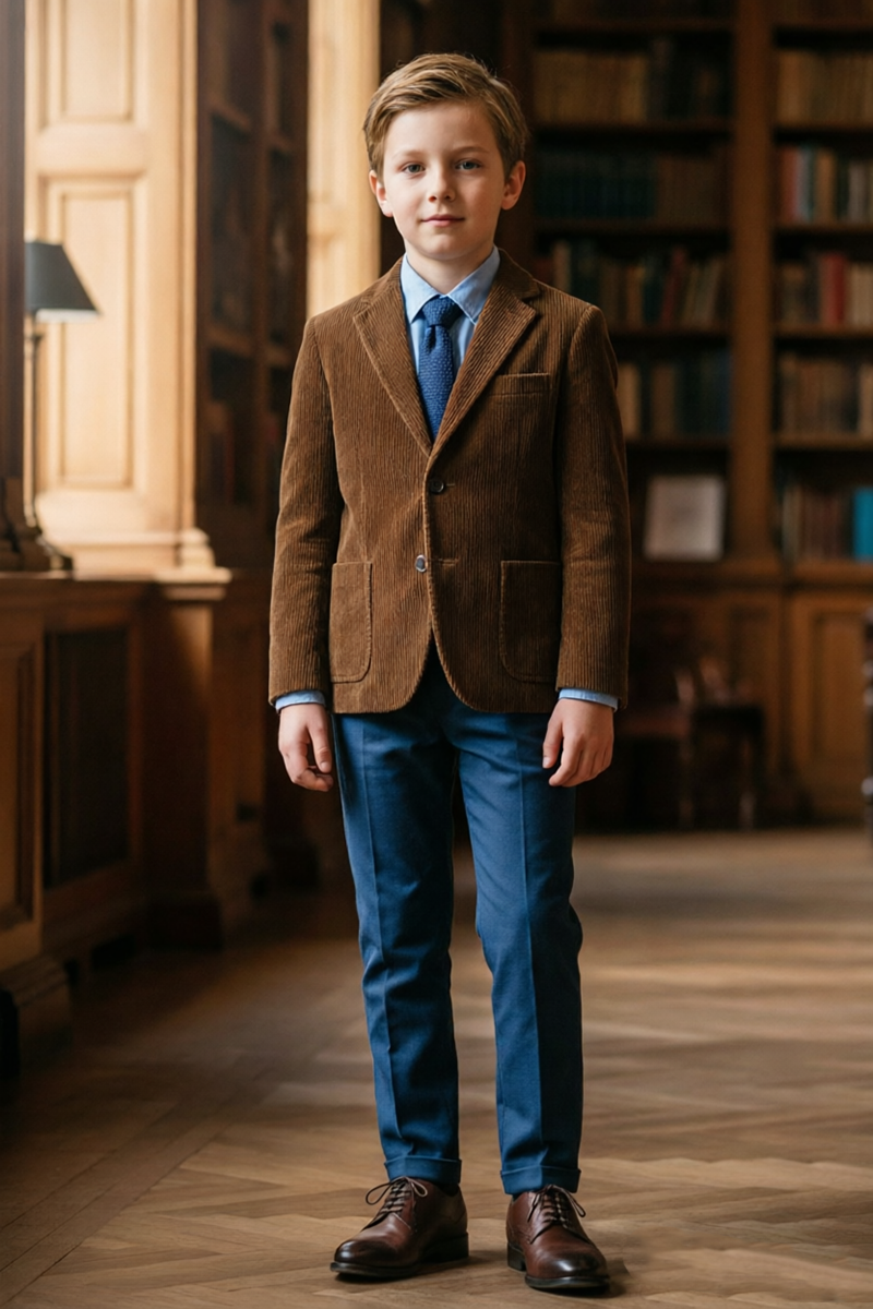 Boys Brown Corduroy 2‑Piece Suit for Weddings with Notch Lapel