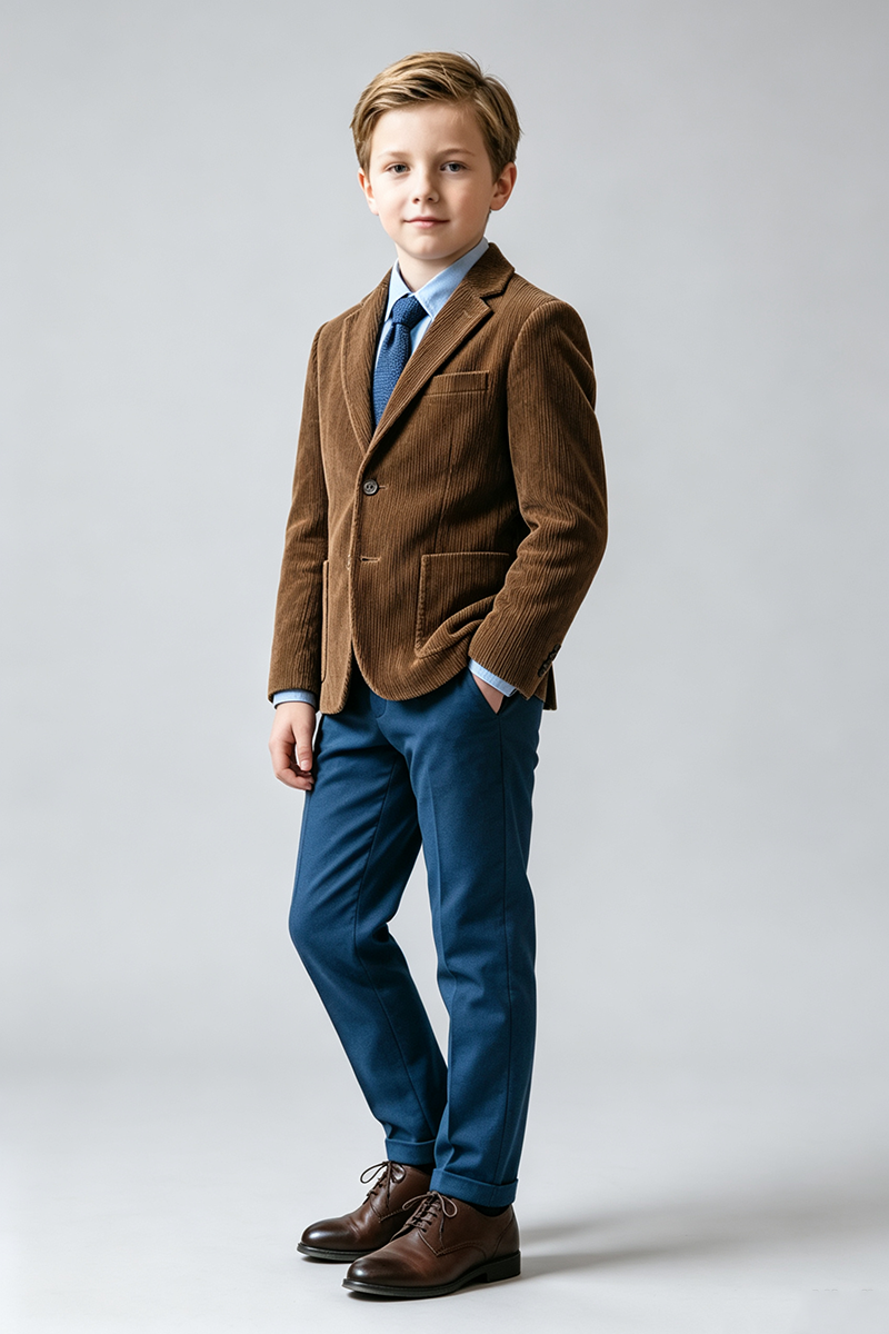 Boys Brown Corduroy 2‑Piece Suit for Weddings with Notch Lapel
