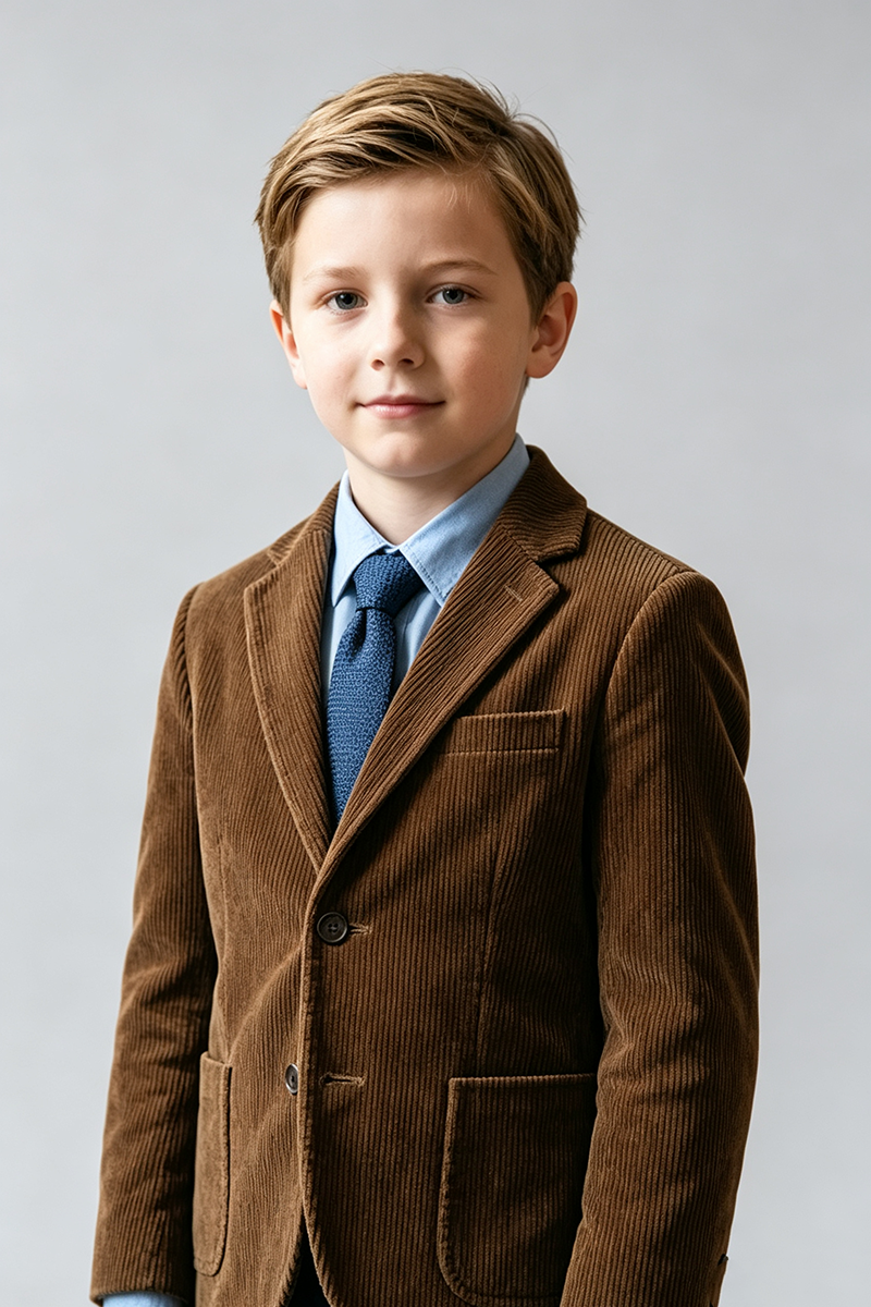 Boys Brown Corduroy 2‑Piece Suit for Weddings with Notch Lapel