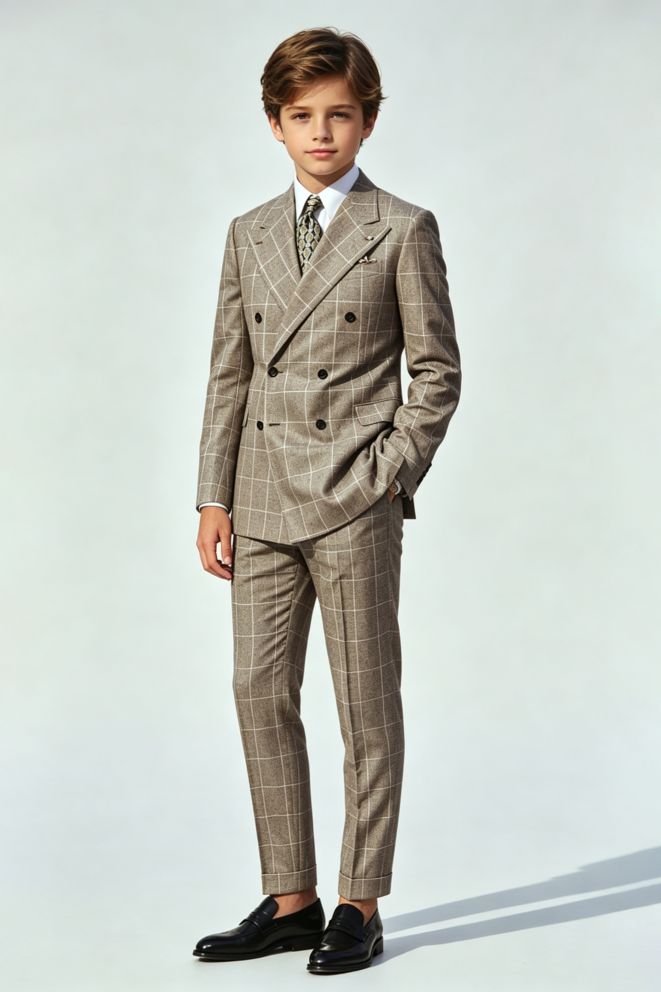 Deep Oat Grey Windowpane Check Double‑Breasted 2‑Piece Suit