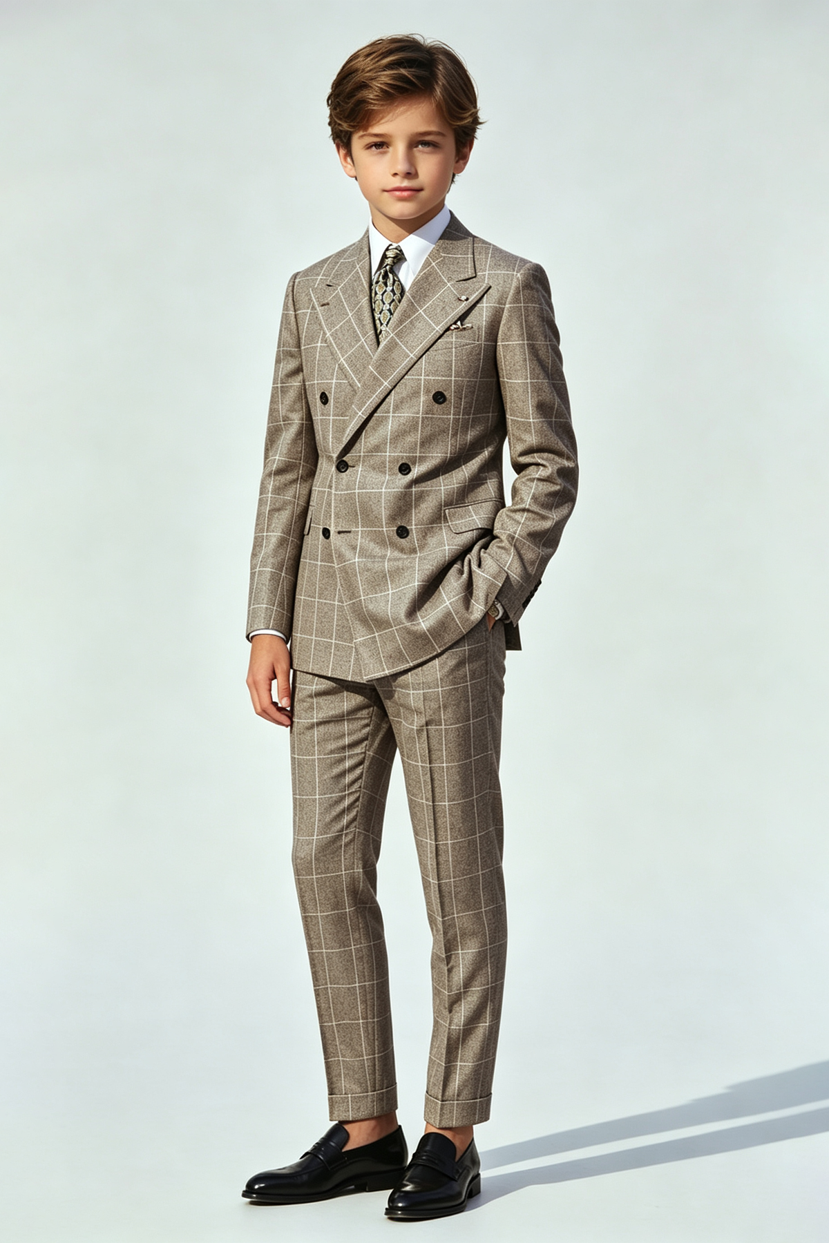 Deep Oat Grey Windowpane Check Double‑Breasted 2‑Piece Suit