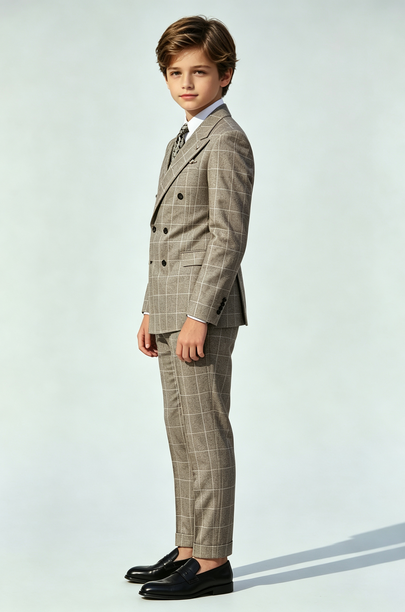 Deep Oat Grey Windowpane Check Double‑Breasted 2‑Piece Suit