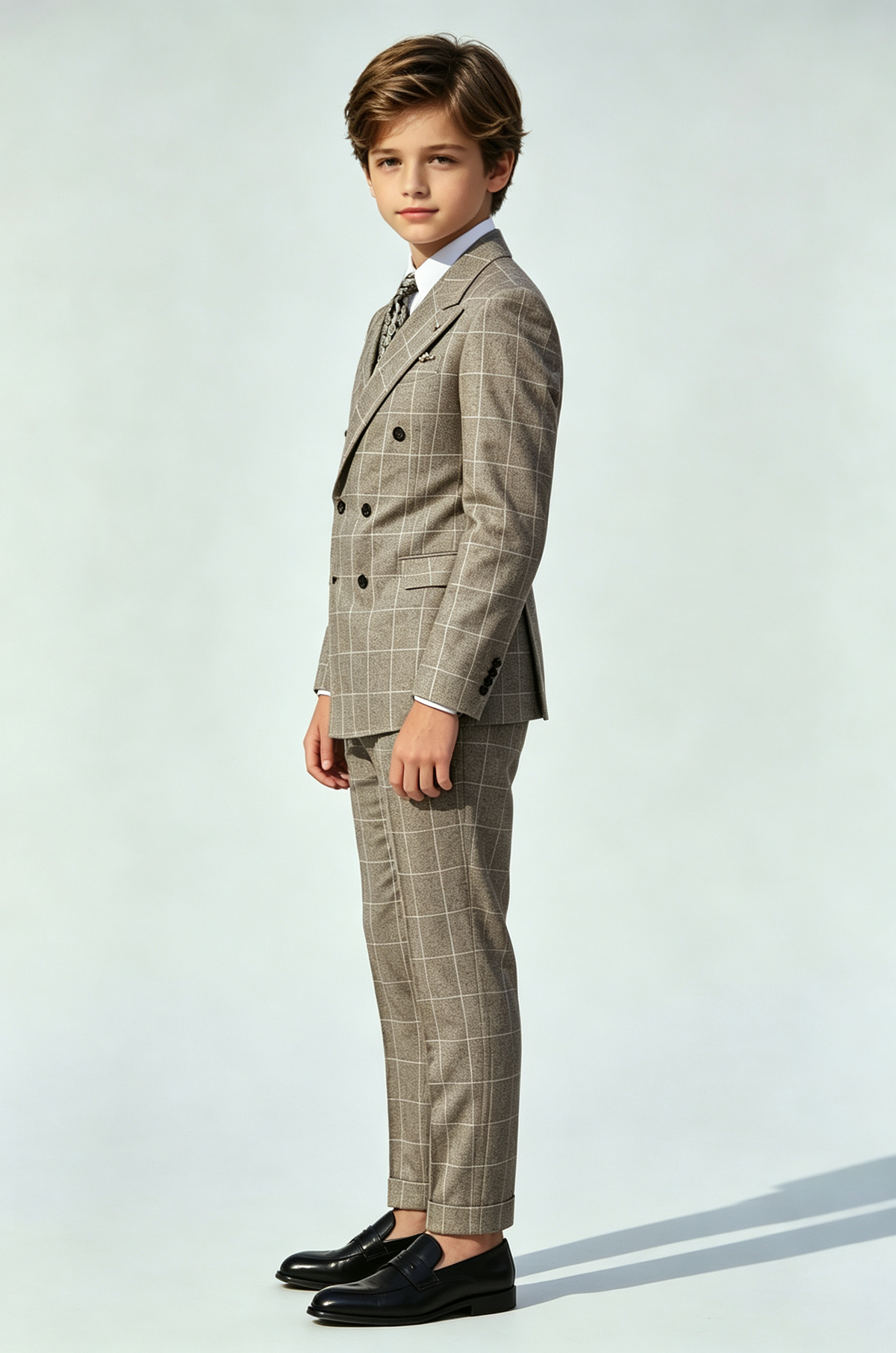 Deep Oat Grey Windowpane Check Double‑Breasted 2‑Piece Suit
