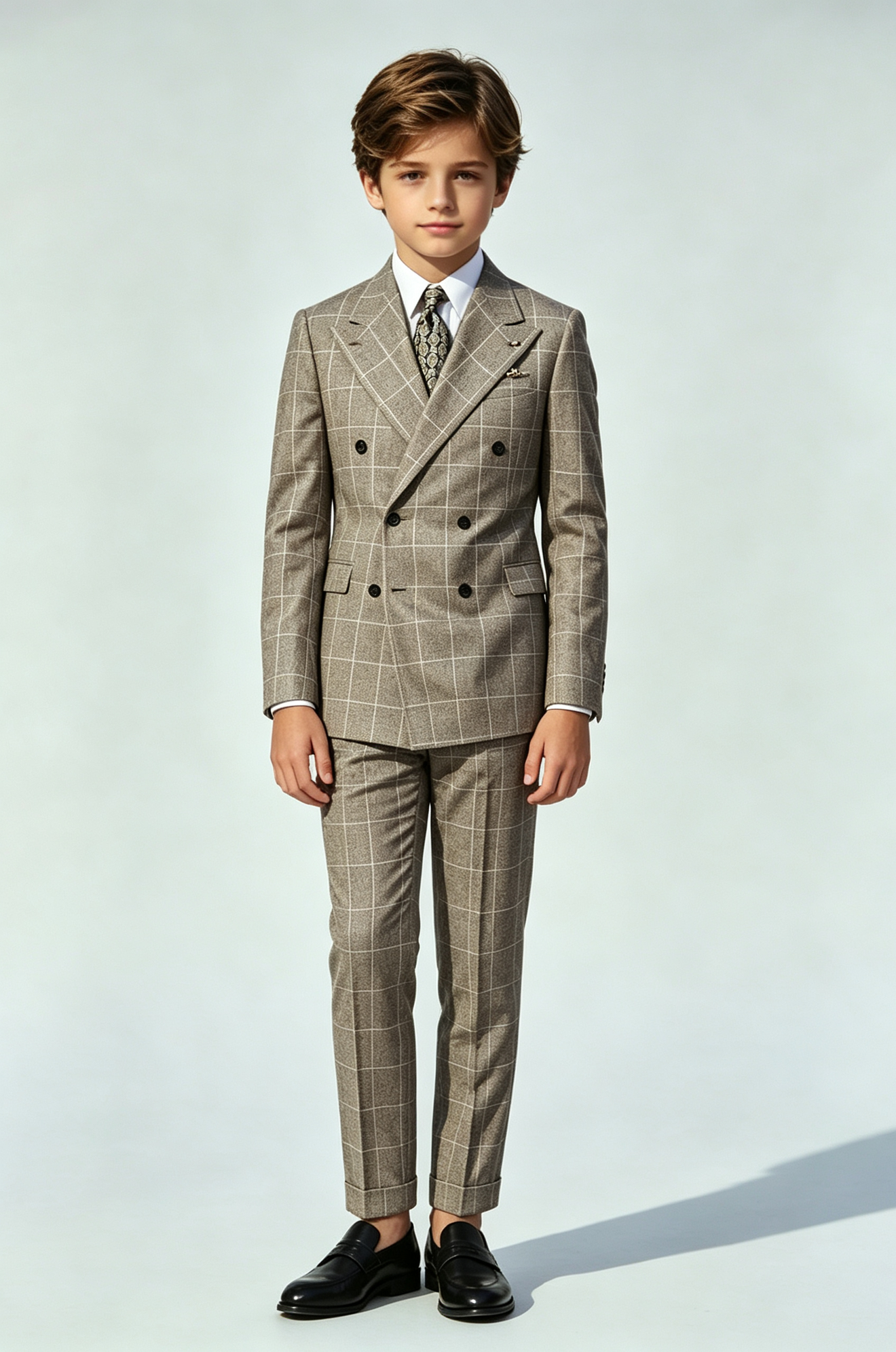 Deep Oat Grey Windowpane Check Double‑Breasted 2‑Piece Suit