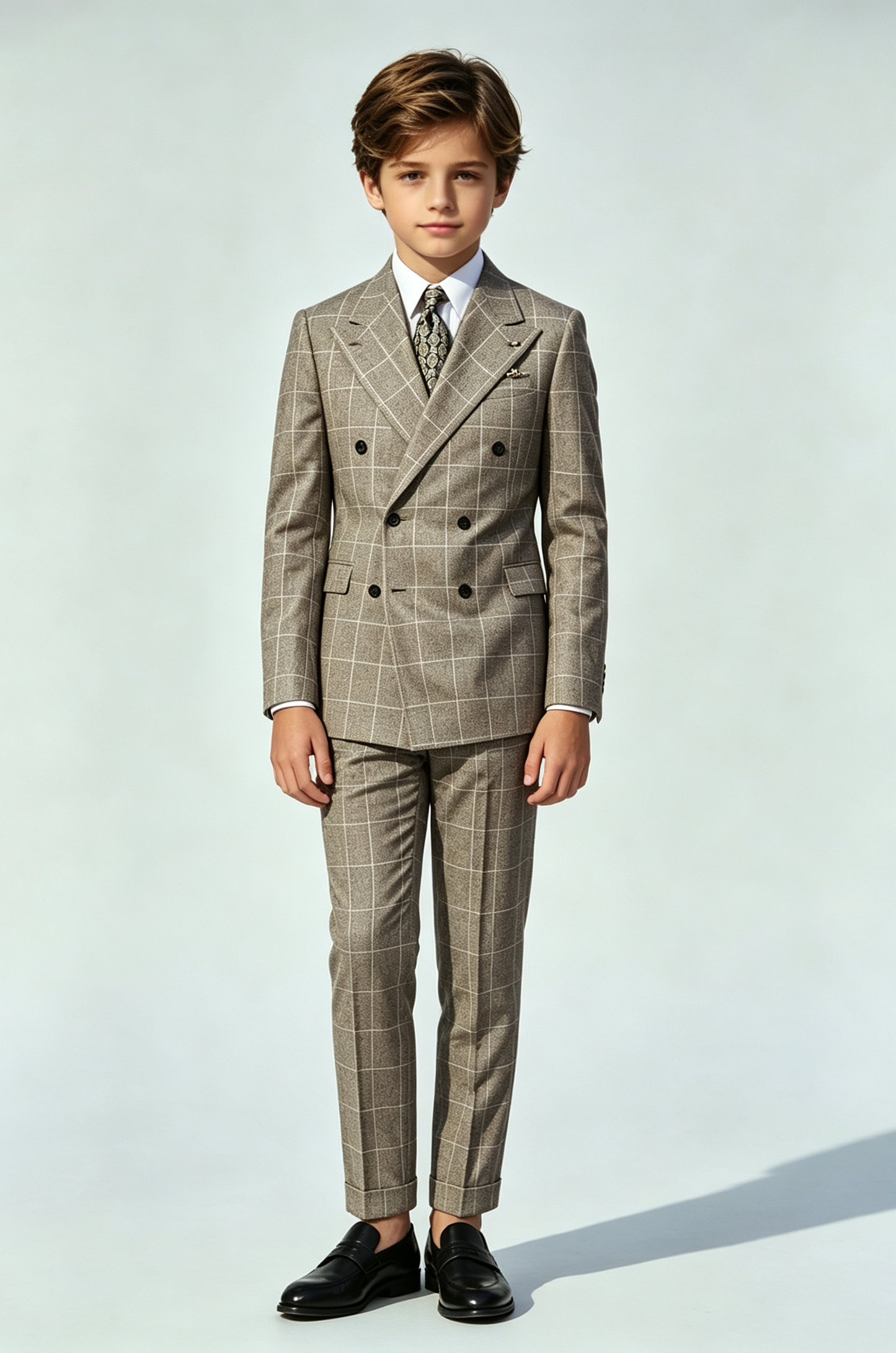 Deep Oat Grey Windowpane Check Double‑Breasted 2‑Piece Suit