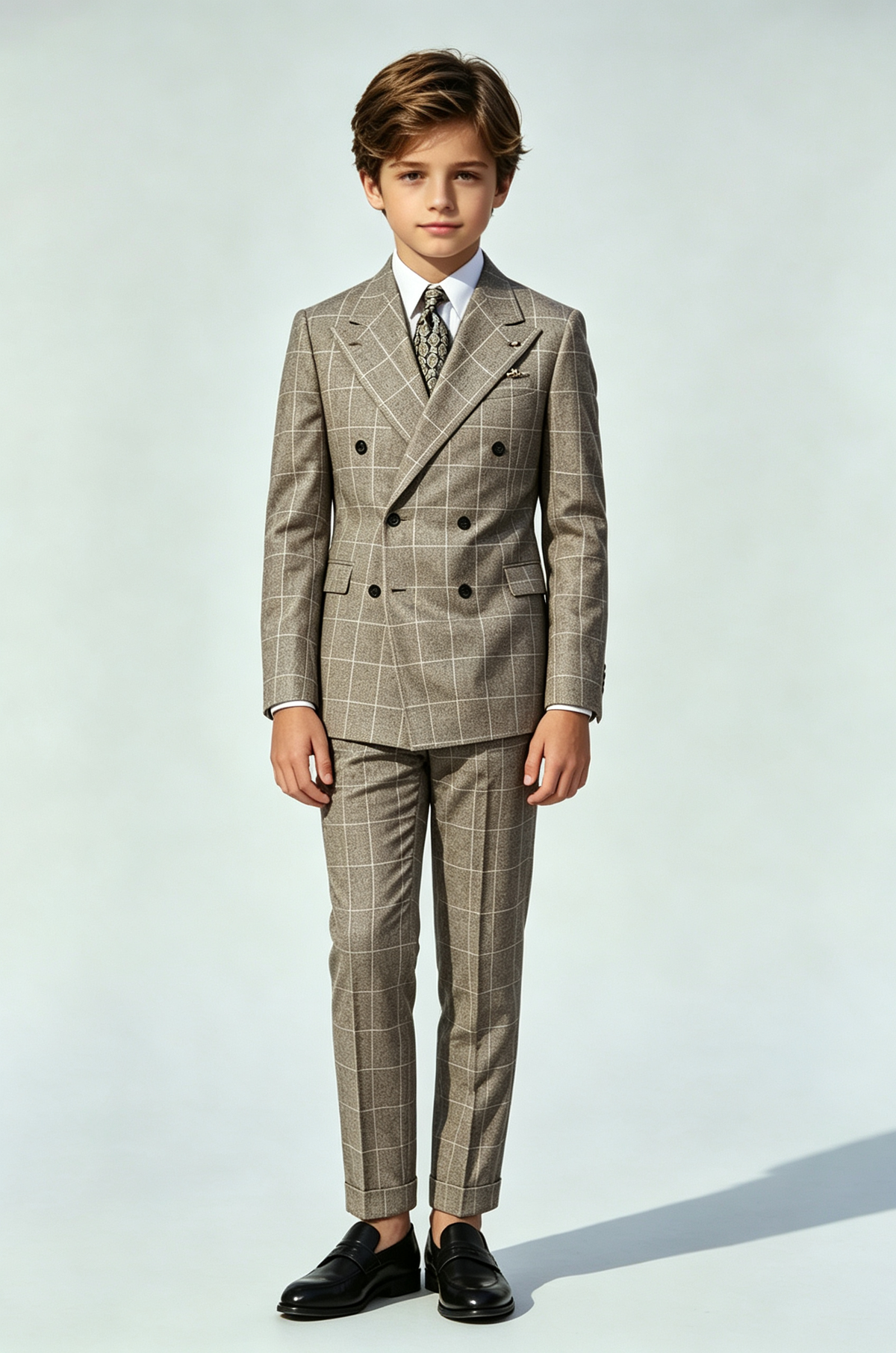 Deep Oat Grey Windowpane Check Double‑Breasted 2‑Piece Suit