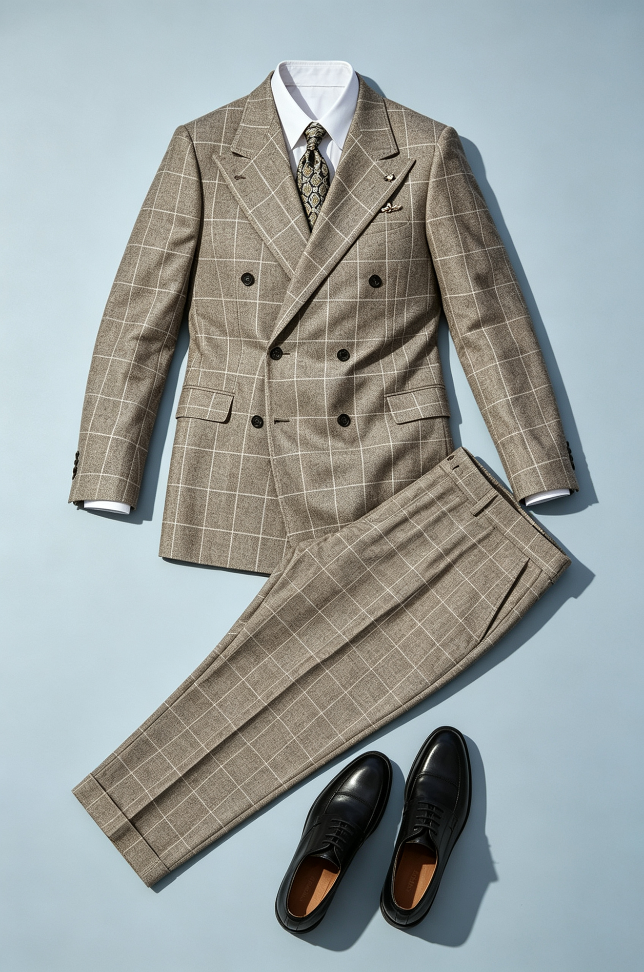 Deep Oat Grey Windowpane Check Double‑Breasted 2‑Piece Suit
