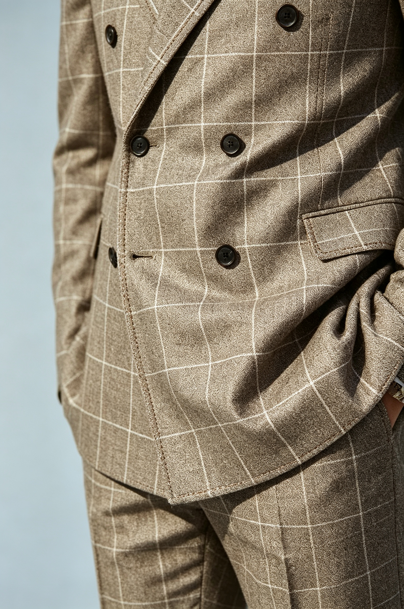 Deep Oat Grey Windowpane Check Double‑Breasted 2‑Piece Suit