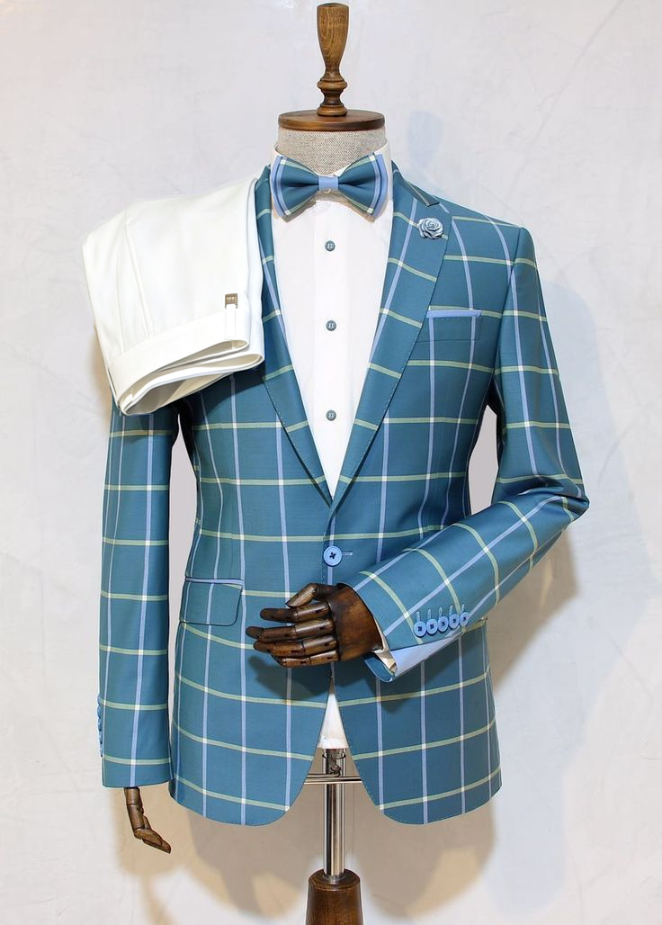 Teal Blue & White Trousers Green & Blue Check Single‑Breasted 2‑Piece Suit