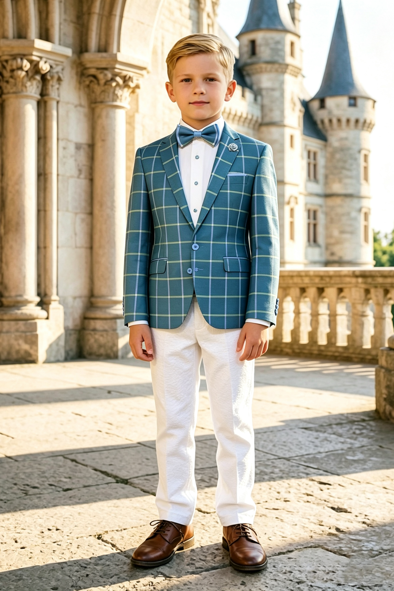 Teal Blue & White Trousers Green & Blue Check Single‑Breasted 2‑Piece Suit