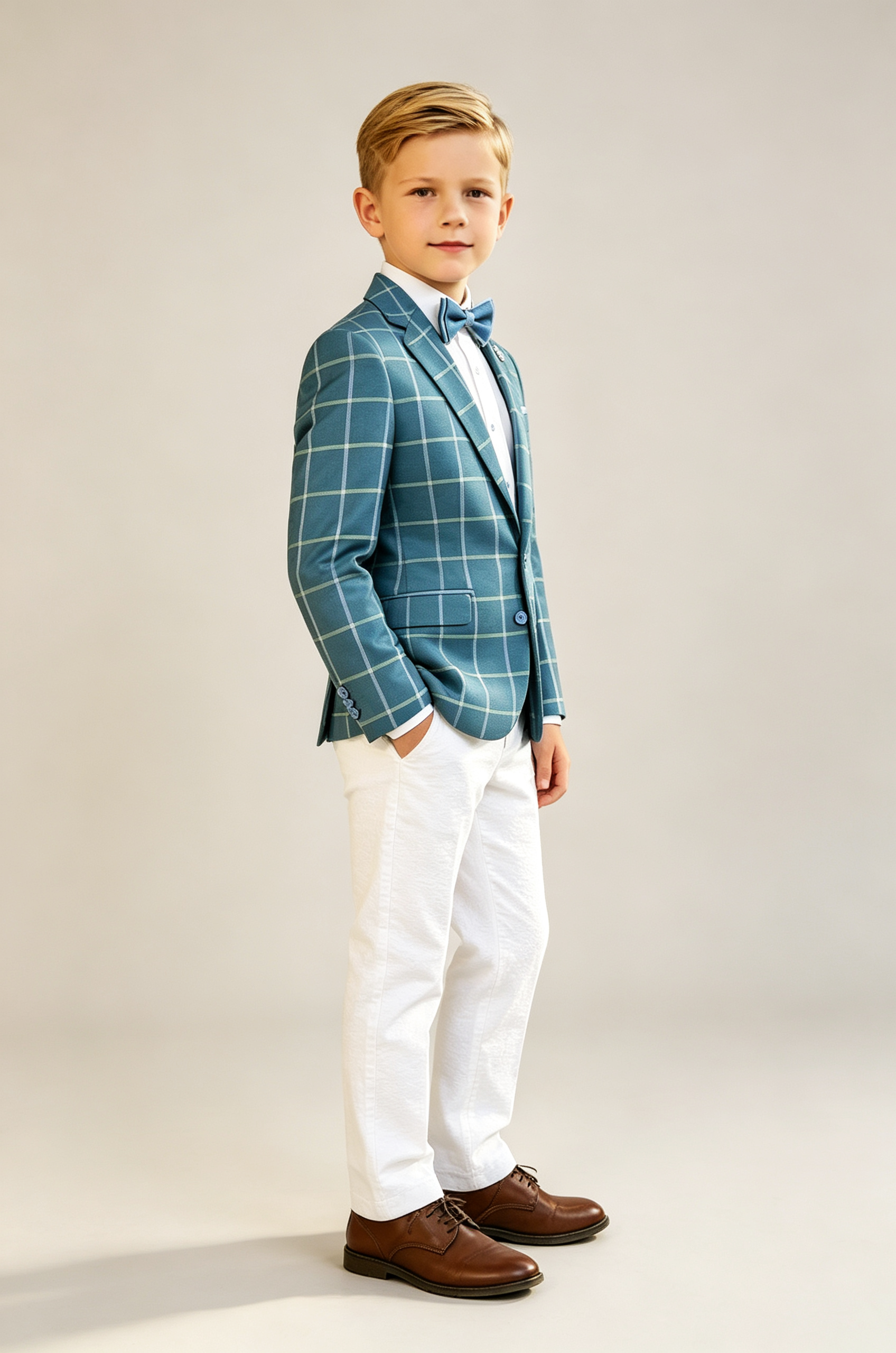 Teal Blue & White Trousers Green & Blue Check Single‑Breasted 2‑Piece Suit