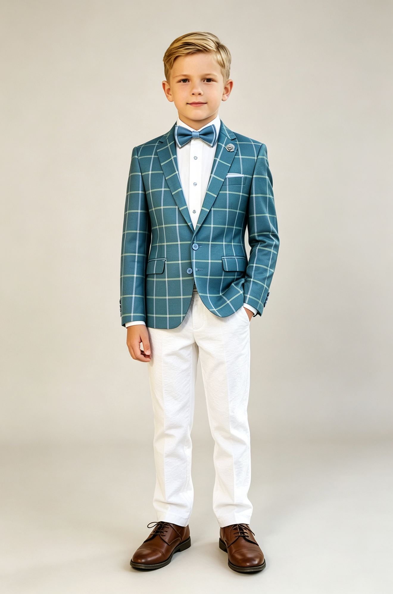 Teal Blue & White Trousers Green & Blue Check Single‑Breasted 2‑Piece Suit