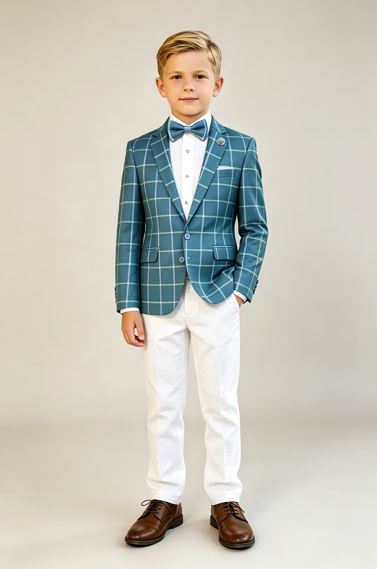 Teal Blue & White Trousers Green & Blue Check Single‑Breasted 2‑Piece Suit
