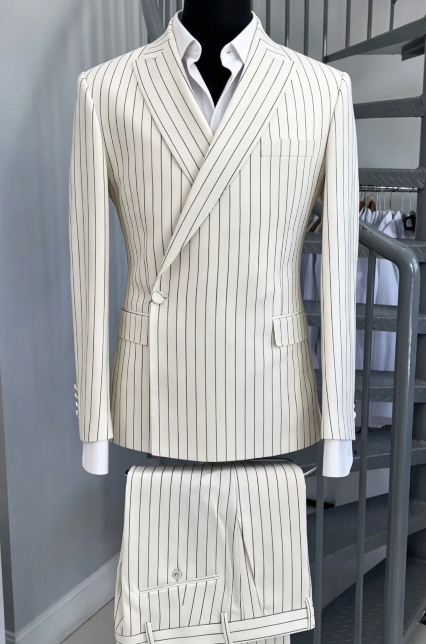 Off‑White & Black Pinstripe Single‑Breasted 2‑Piece Suit
