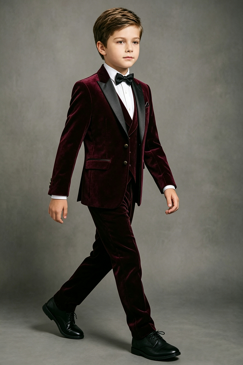 Boys Burgundy Velvet with Satin Shawl Lapel 3-Piece Suit for Weddings