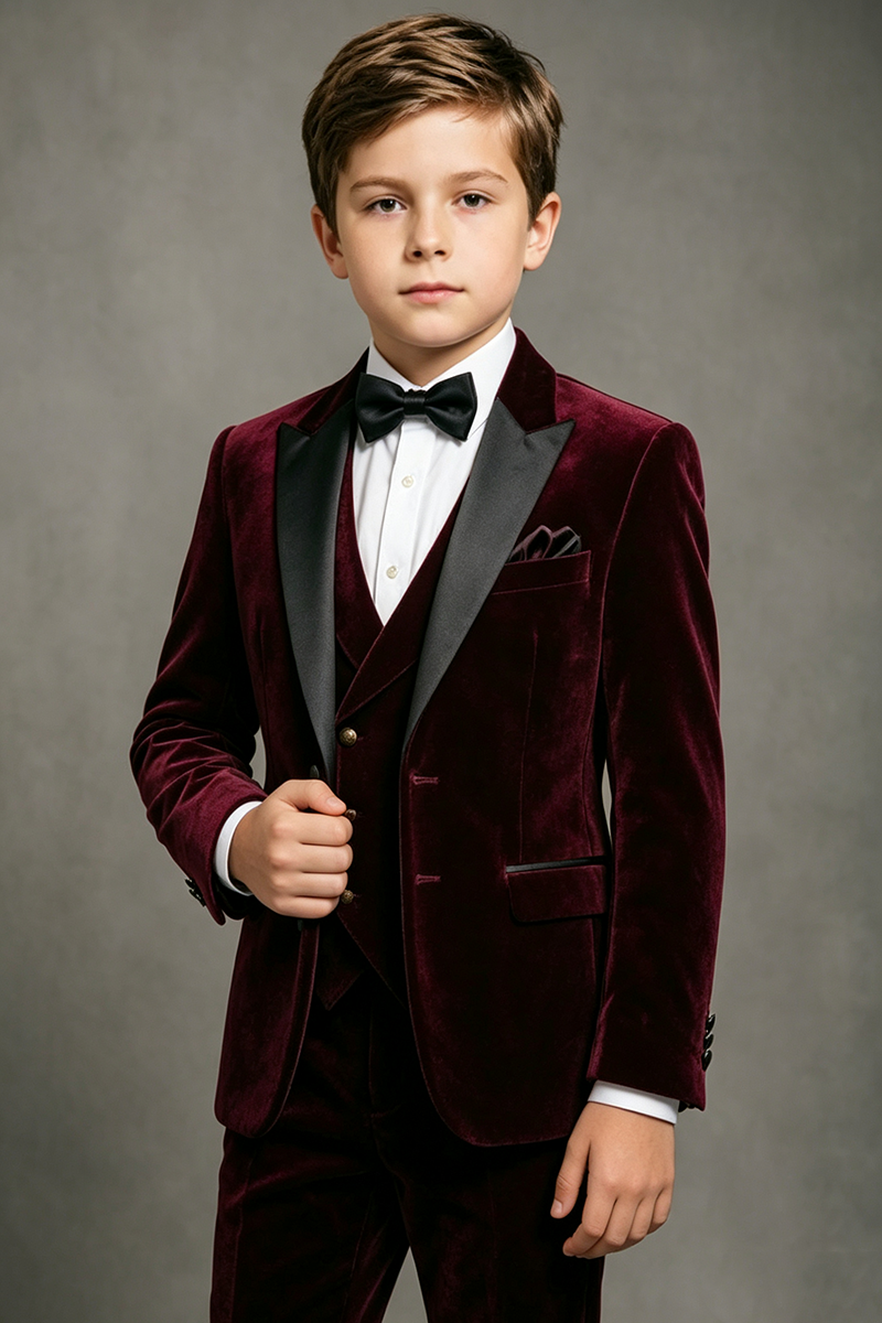 Boys Burgundy Velvet with Satin Shawl Lapel 3-Piece Suit for Weddings
