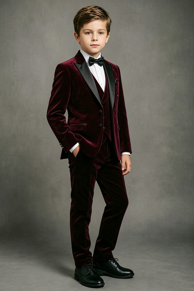 Boys Burgundy Velvet with Satin Shawl Lapel 3-Piece Suit for Weddings