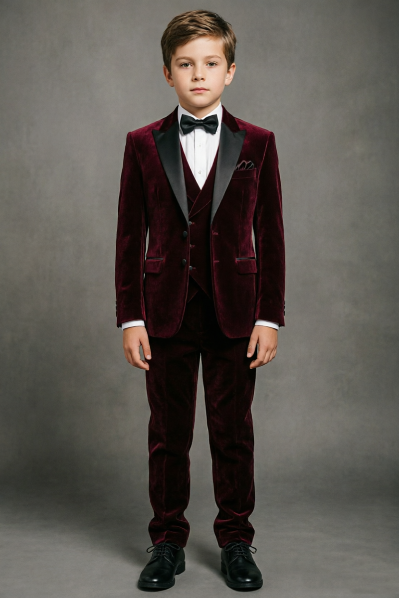 Boys Burgundy Velvet with Satin Shawl Lapel 3-Piece Suit for Weddings